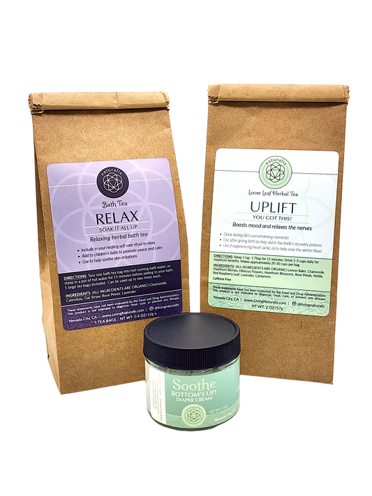 Uplift Herbal Tea, Relax Bath Tea and Soothe: Bottom's UP Diaper Cream