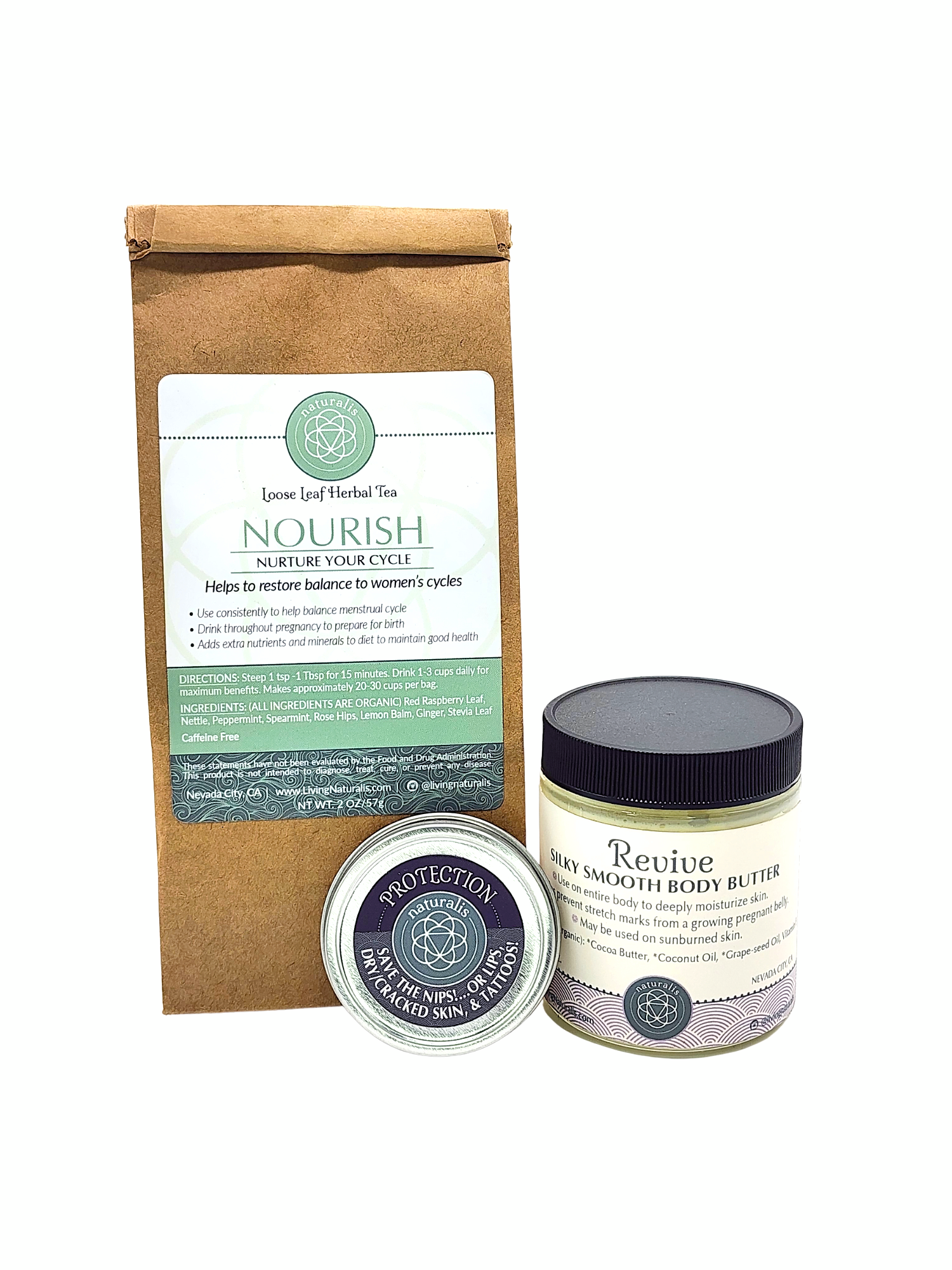 Nourish Herbal Tea, Revive: Silky Smooth Body Butter and Protection Salve: Save the Nips!